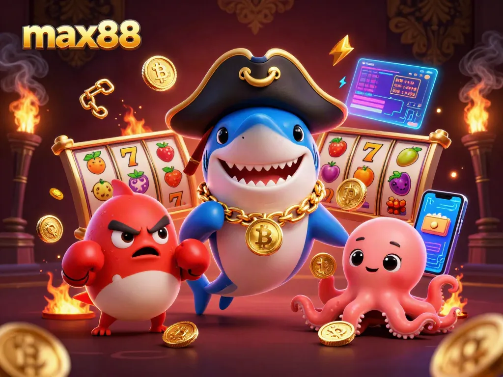 Engage with max88 slots featuring a pirate shark, pufferfish, and octopus in a vibrant casino scene.