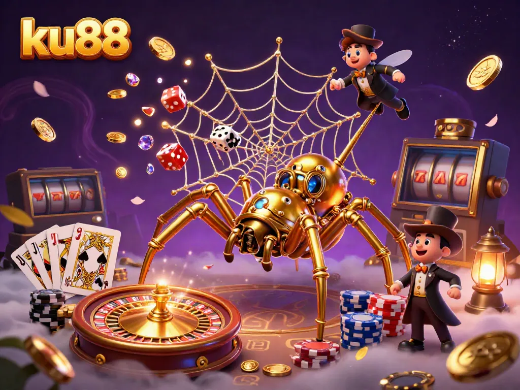 Experience ku88's thrilling casino atmosphere with a steampunk spider and golden treasures.