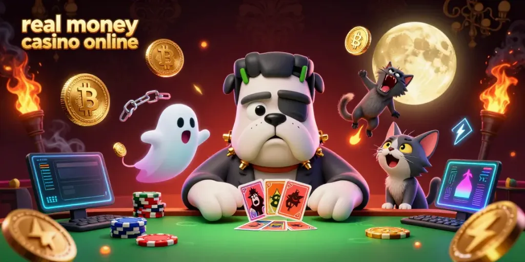 Play thrilling games effortlessly at a vibrant real money casino online illustrated with engaging characters.