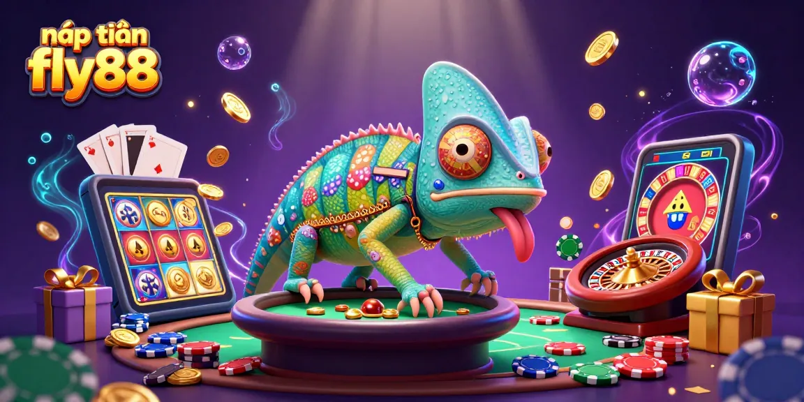 Experience nạp tiền fly88 with a colorful casino scene featuring a chameleon owner and dynamic game elements.