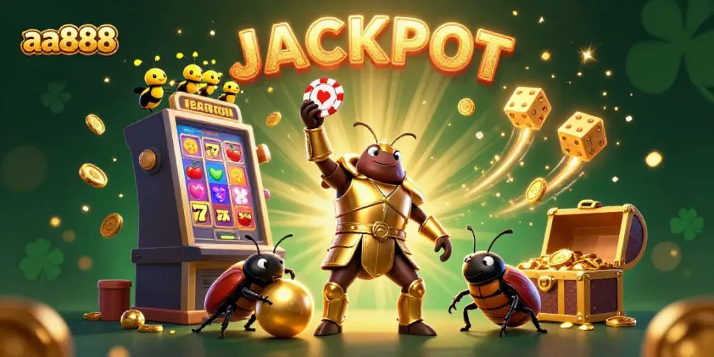 Experience the thrill at aa888 with a victorious beetle and dynamic casino elements in a vibrant 3D scene.