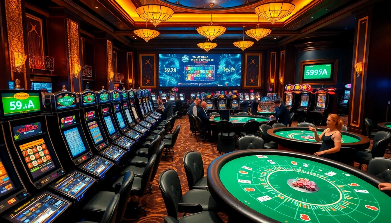 Experimente a emoção no luxuoso cassino do 59A, com mesas de jogo vibrantes e decoração sofisticada.