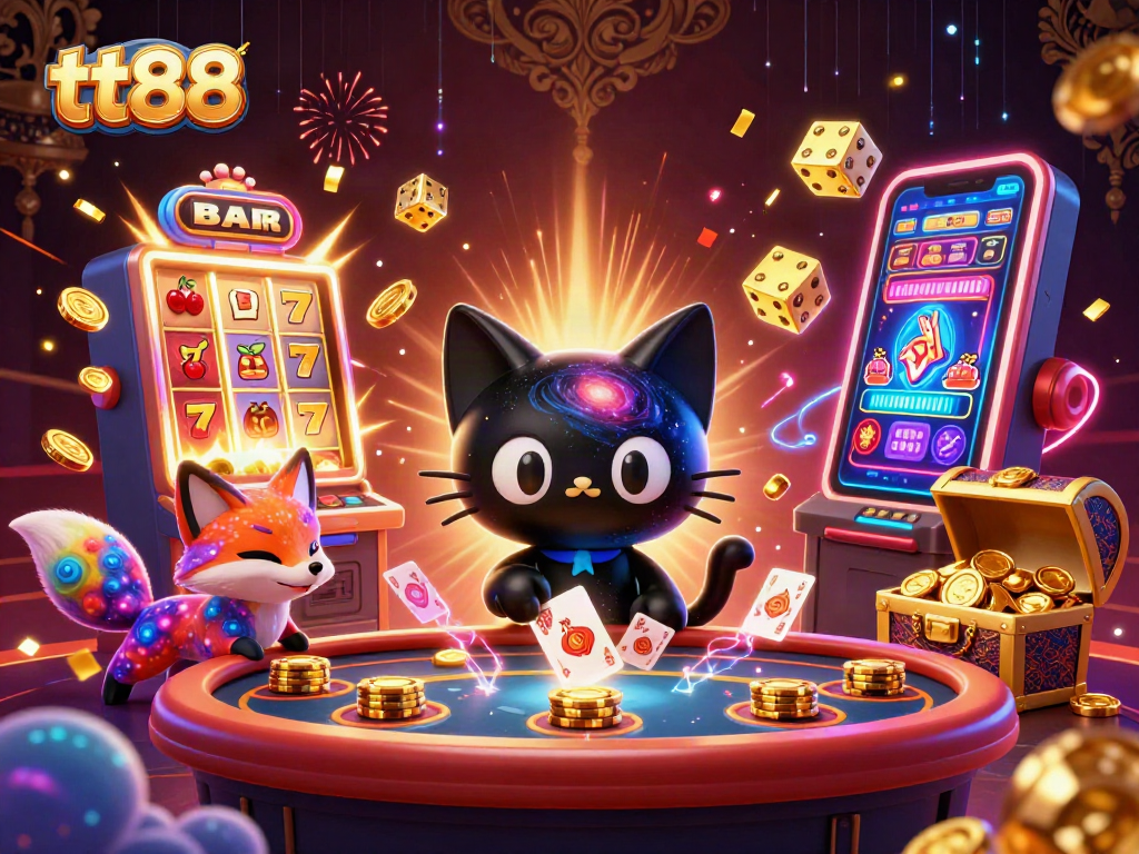 tt88's vibrant casino scene with a cartoon black hole cat and cosmic elements for immersive gaming