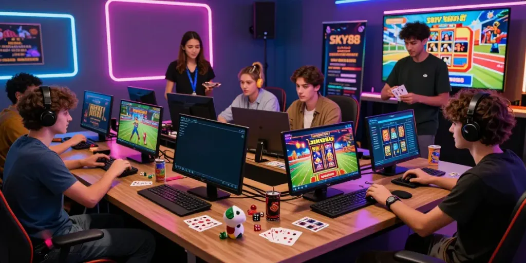 Dynamic gaming scene showcasing sky88 platform with vibrant atmosphere, featuring various online games.