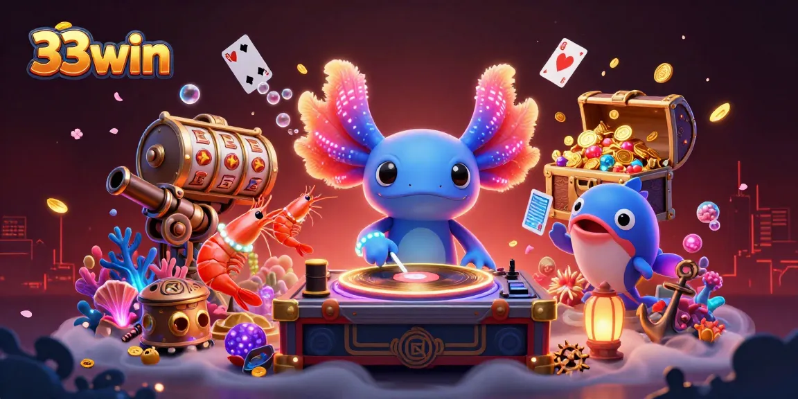 Engage with 33win's vibrant casino scene featuring a DJ axolotl and energetic marine characters.