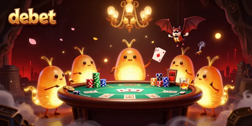 Experience exciting gambling action at Debet with glowworms lighting a casino scene featuring poker elements.