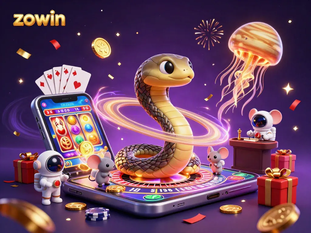 Zowin engages players with a cosmic gambling themed scene featuring slot games and roulette