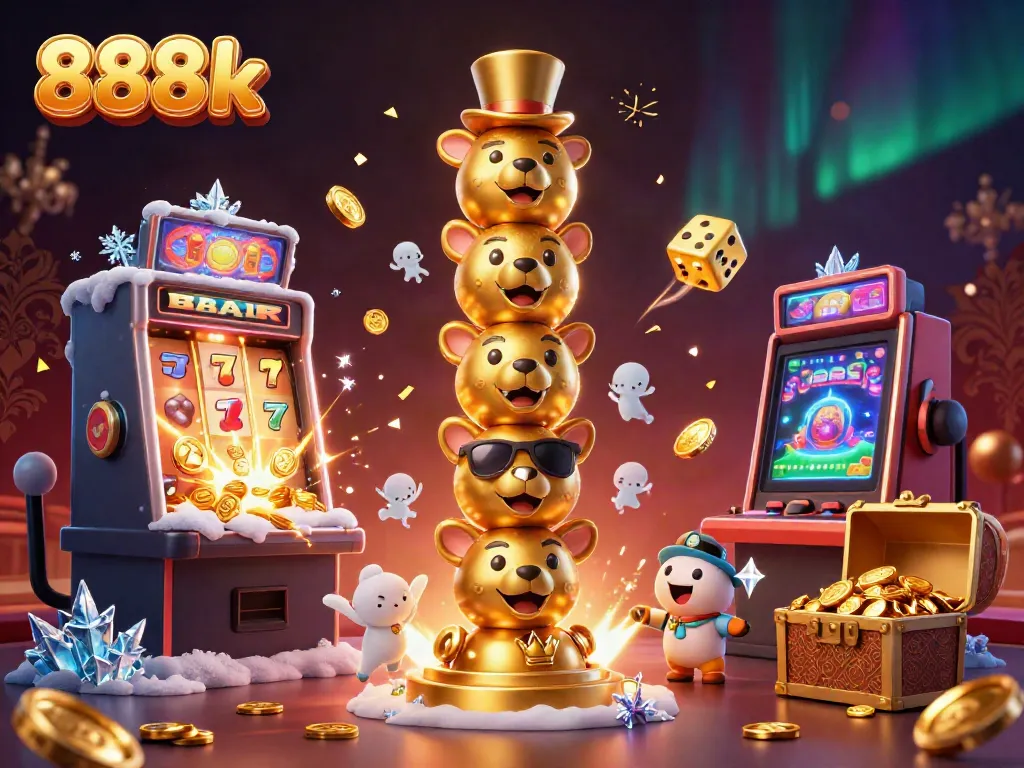 Immerse in 888k's vibrant casino scene featuring lively slot machines and a totem of fortune.