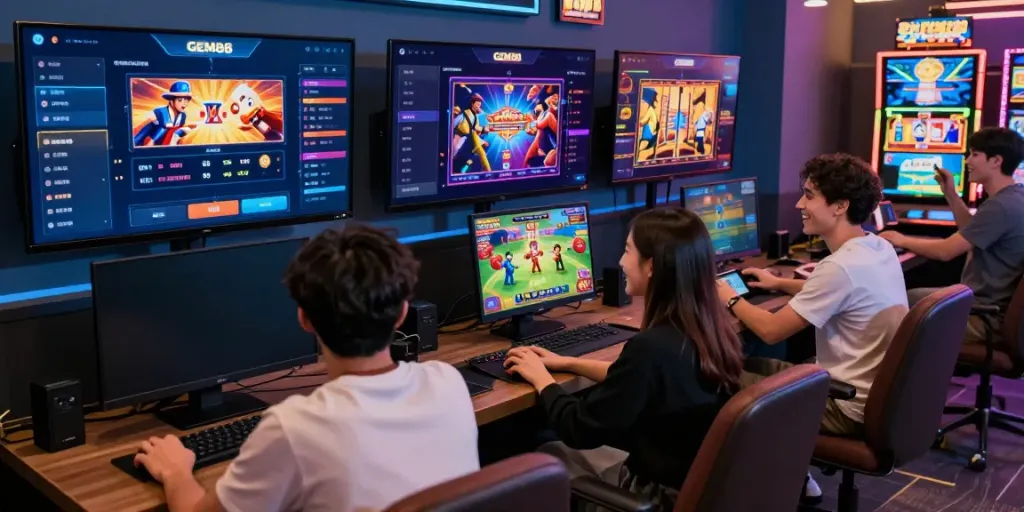 Gamers enjoying the vibrant GEM88 online casino experience, engaging in sports betting and live games.