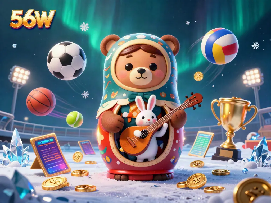 Experience thrilling gaming with 56W's vibrant casino scene featuring unique characters and dynamic sports elements.