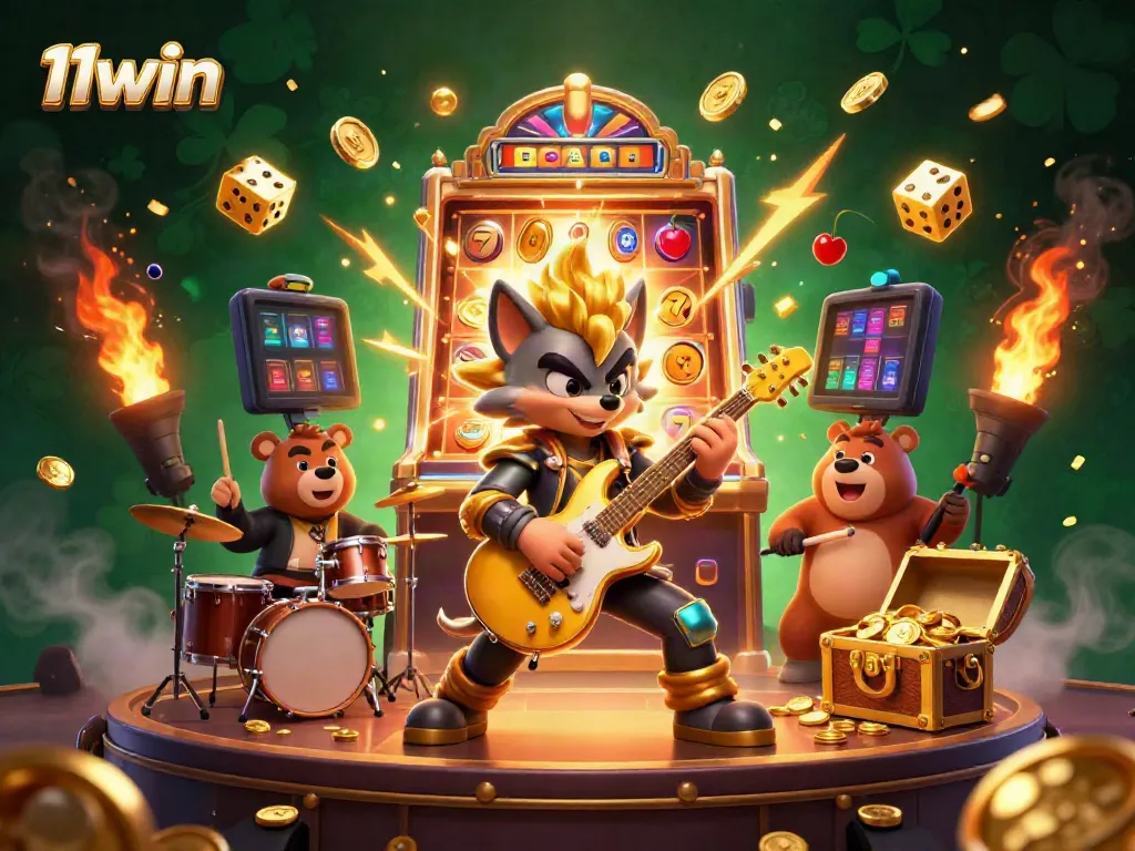 Experience the thrill of winning at 11win with an exciting casino scene bursting with action and vibrant illustrations.