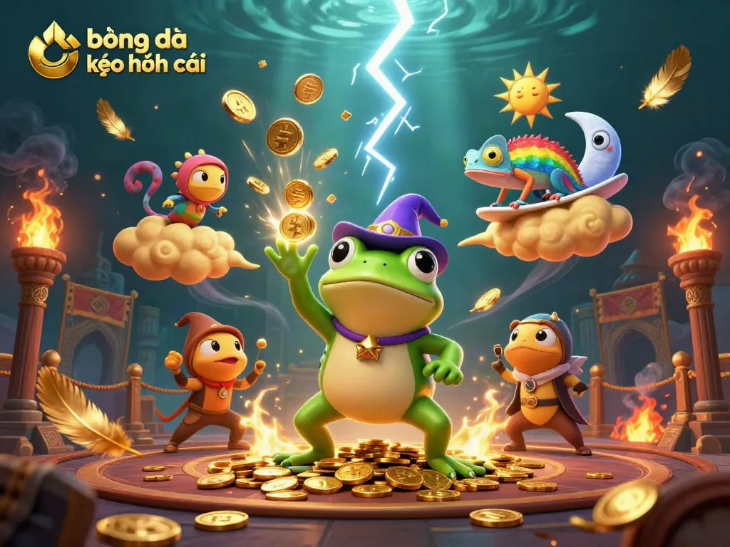 Engage in sports betting with bóng đá kèo nhà cái, featuring colorful characters amidst coins and dynamic gaming elements.