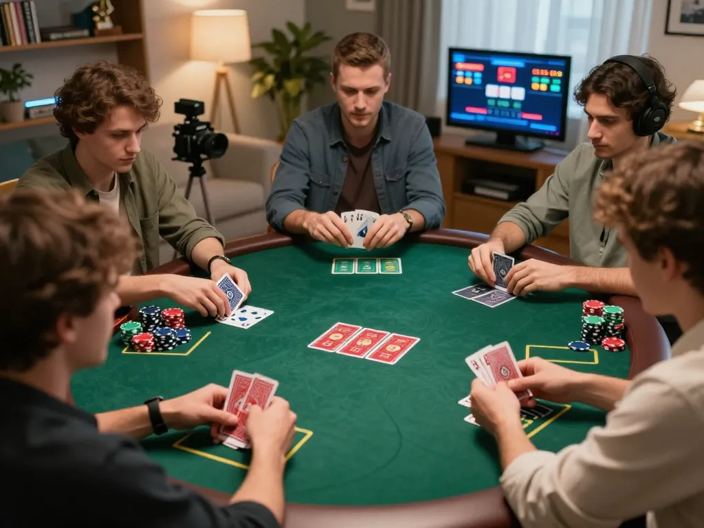 Players engaged in an online poker game on x333, showcasing strategy and excitement in a cozy home setting.