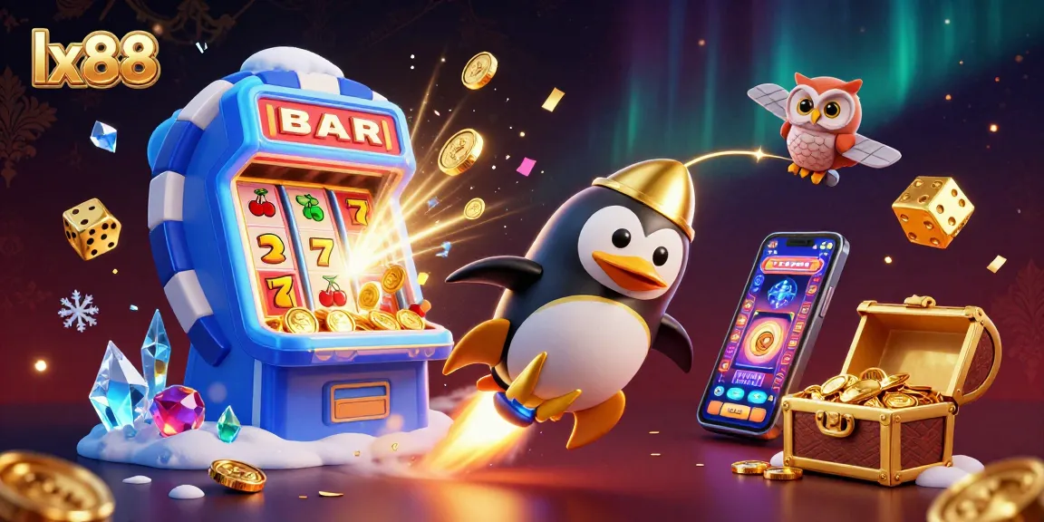 Experience the excitement of lx88 with a vibrant 3D illustration showcasing a penguin racing toward a poker chip space station filled with casino elements.