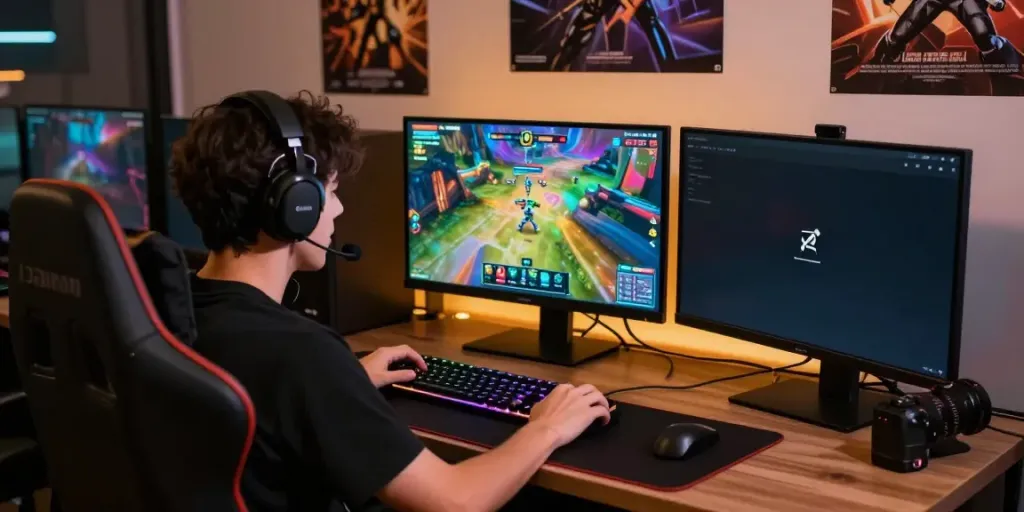 Engaged gamer on DU88 platform with vibrant game graphics and competitive setup.