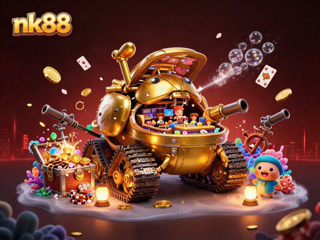 Experience the thrill of nk88 with a dynamic casino tank illustration showcasing mini games and vibrant elements.