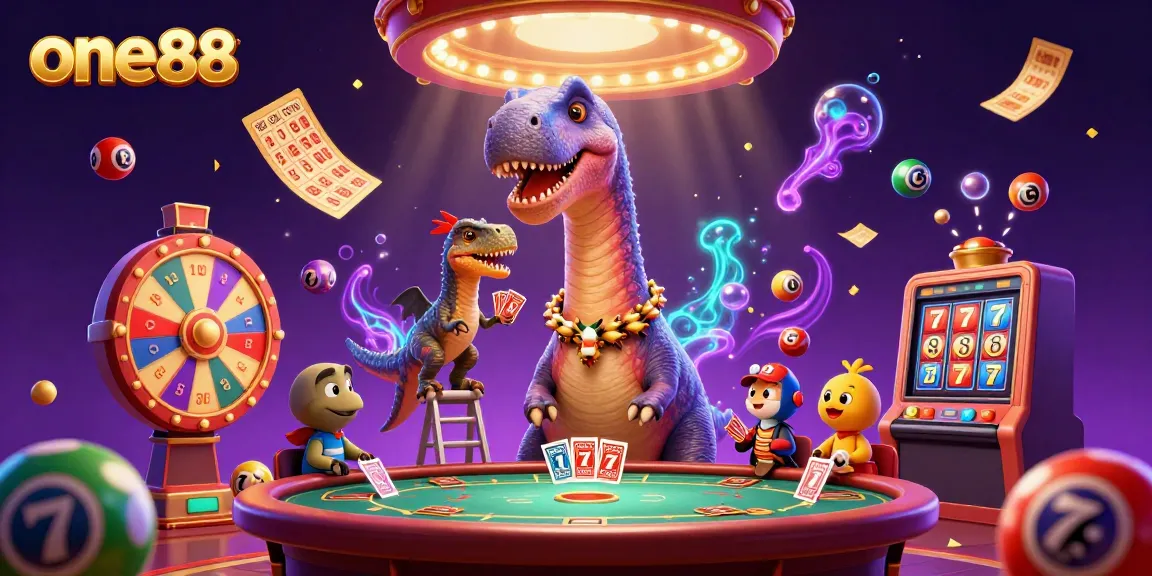 Experience thrilling gaming with one88 as a giant brontosaurus oversees a vibrant casino scene.