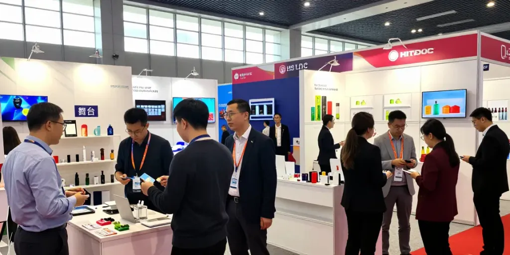 Expositores at a dynamic trade show, showcasing innovative products and networking opportunities.