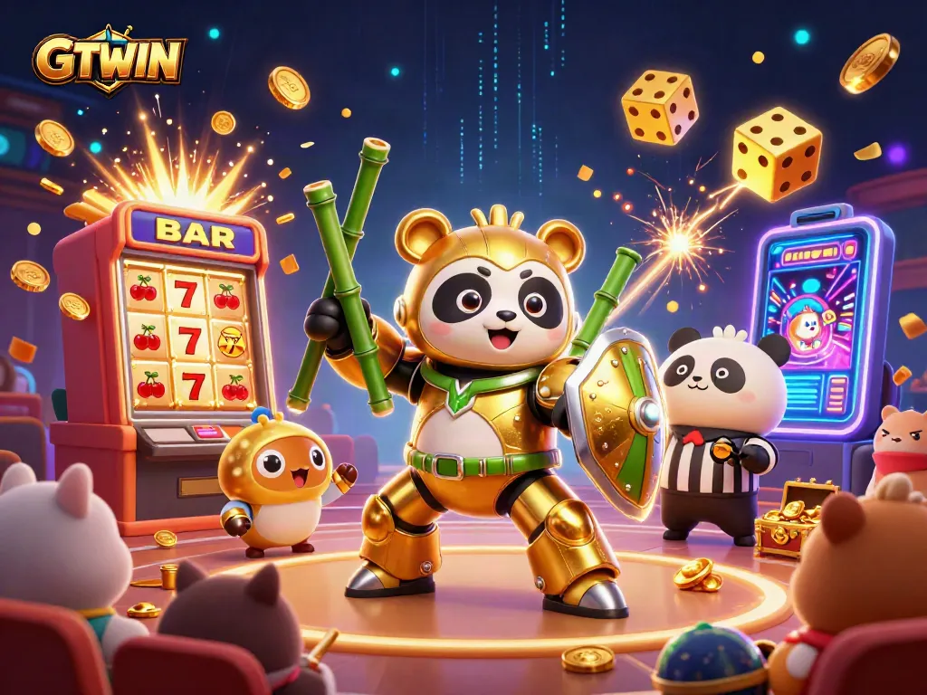 GTWIN slot machine bursts with coins, while a panda mech commands the arena in thrilling casino action.