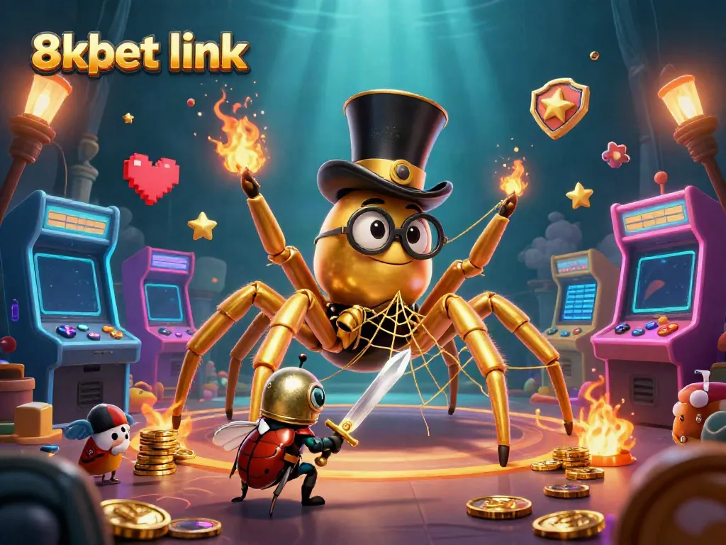 Engage with the thrilling atmosphere of the 8xbet link as a giant spider weaves a golden web in a casino scene.