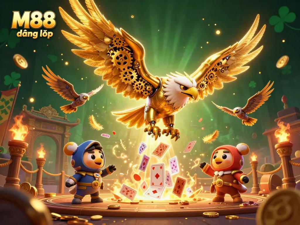 Engage with M88 đăng nhập's vibrant casino world featuring a dynamic golden eagle and holographic symbols.