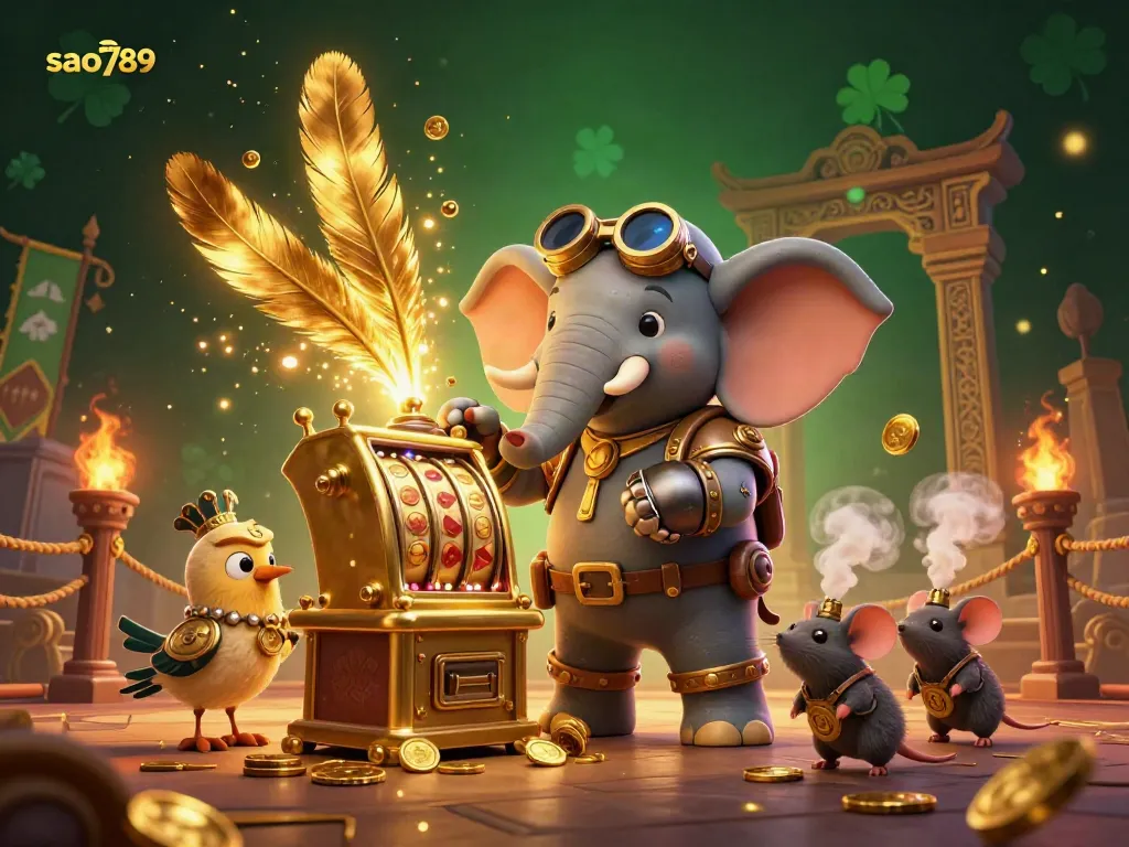 Sao789 steampunk-themed illustration of an elephant engineer at a golden slot machine in a vibrant casino scene.