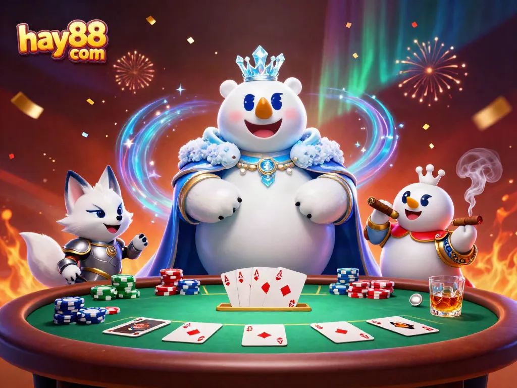 Join the excitement of hay88 com with our 3D poker scene featuring the ice king and snow fox.