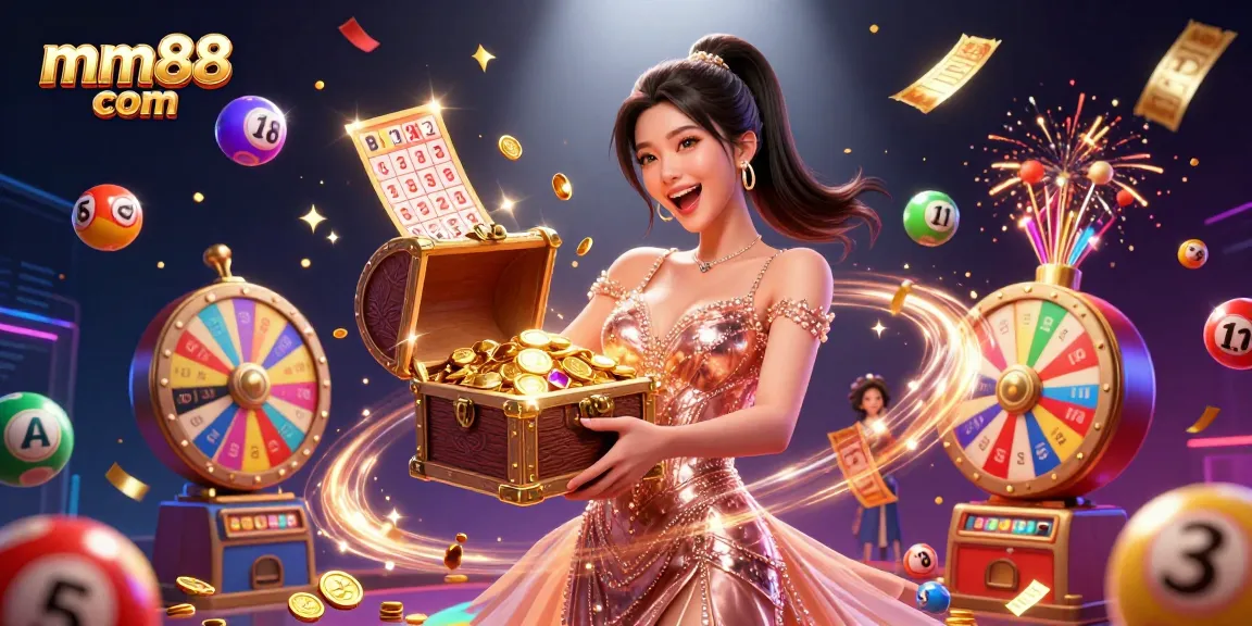 Experience thrilling gaming with mm88 com, featuring a joyful woman celebrating treasure and dynamic lottery elements.