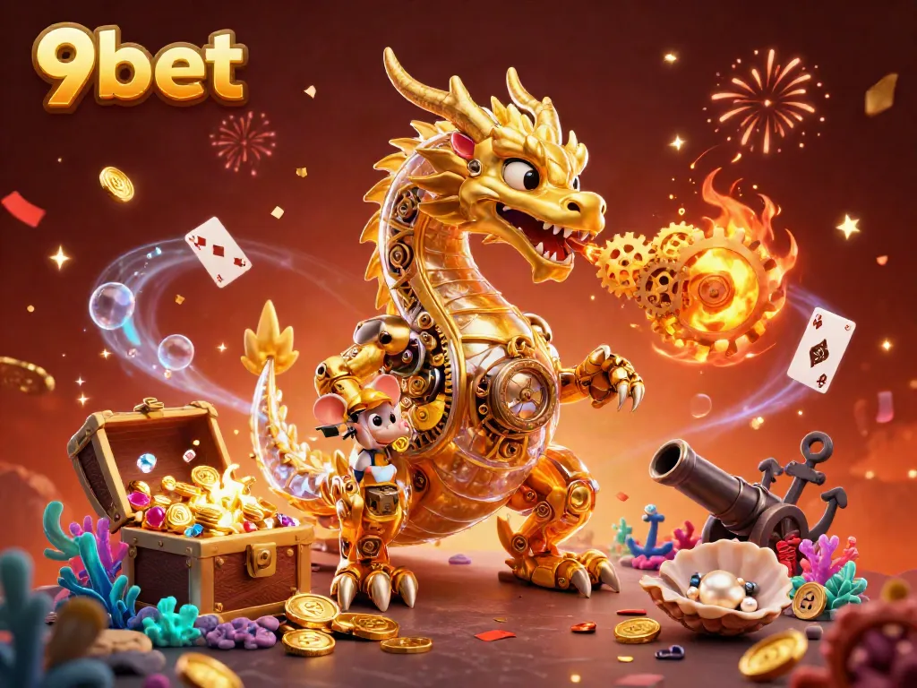 Engage with 9bet through a unique 3D illustration of a dragon and engineer amidst sparkling casino elements.