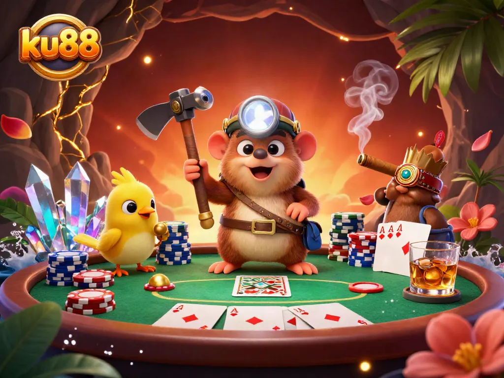 Experience th exhilarating games at ku88 with vibrant visuals showcasing treasure hunting and poker.