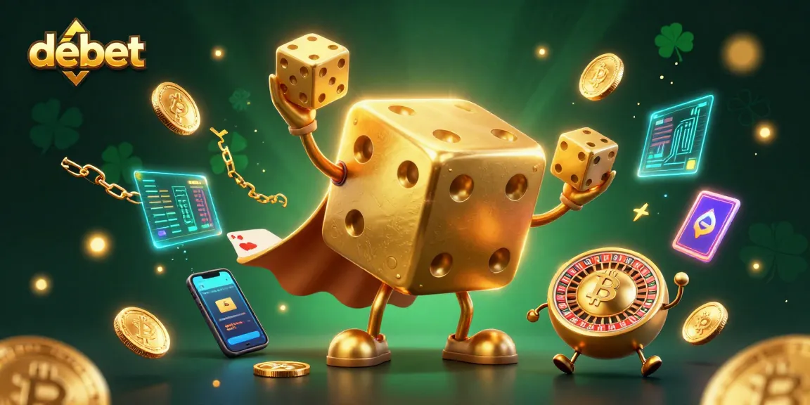 Engage with debet gaming strategies through a vibrant 3D illustration of a dice golem and crypto elements.