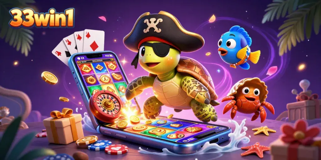 Experience thrilling gaming with 33win1, featuring a pirate turtle and treasure-filled action.