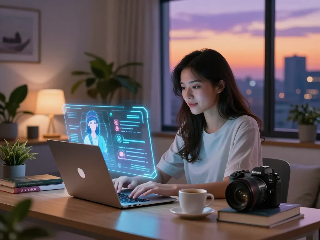 Engaging scene with a young woman exploring crush on AI chatbot in modern home office, showcasing futuristic tech elements.