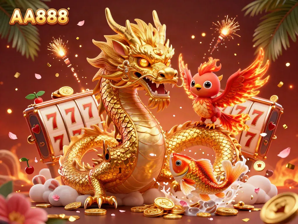 Experience thrilling slots and games at AA888 with this vibrant 3D casino scene featuring iconic symbols.