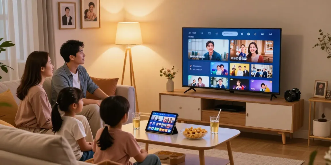 Família assistindo IPTV na sala de estar com conforto e alegria.