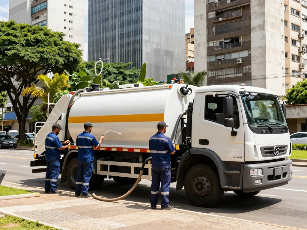 Professional team providing Limpa fossa em São Paulo in a clean urban environment, showcasing advanced equipment and reliable service.