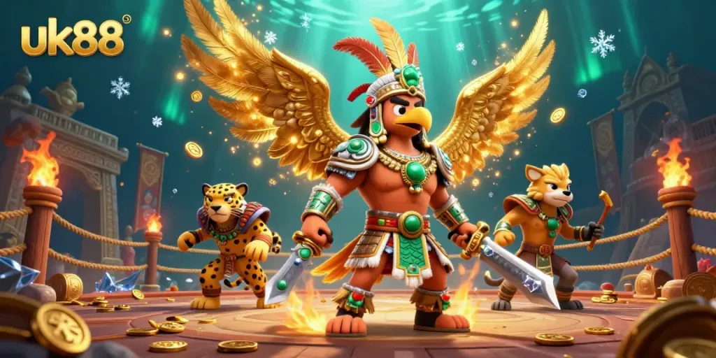 Engage in stunning gameplay at uk88 with Aztec warriors amidst an exhilarating casino backdrop.