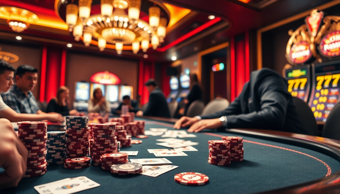 Players enjoying a thrilling game at 99win’s stylish poker table amidst a vibrant casino atmosphere.