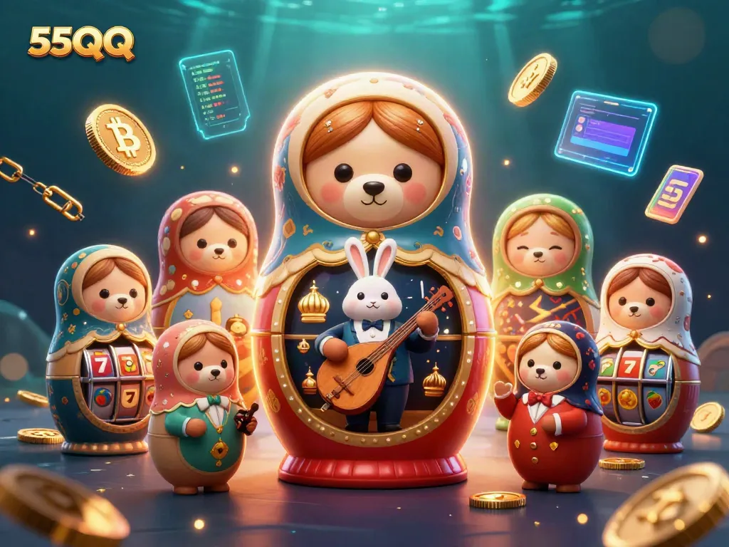 Experience the excitement of 55QQ with adorable casino dealer bears and crypto-themed elements.