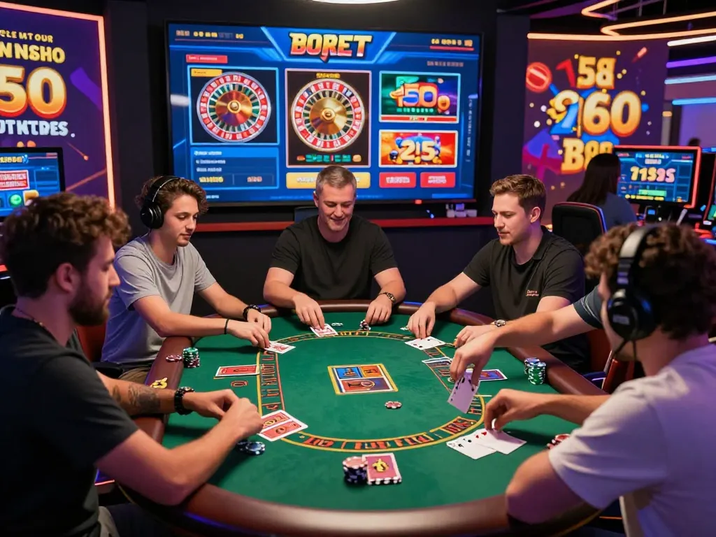 Players enjoying an exciting online blackjack game on 887bet platform, surrounded by vibrant casino graphics and promotional banners.