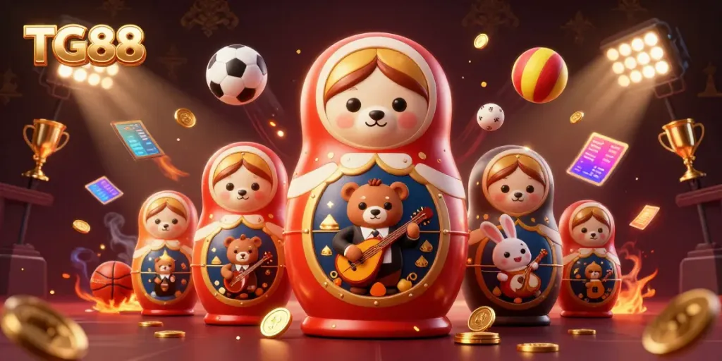 Experience TG88's dynamic gaming world with cartoon bears, sports elements, and vibrant atmosphere.