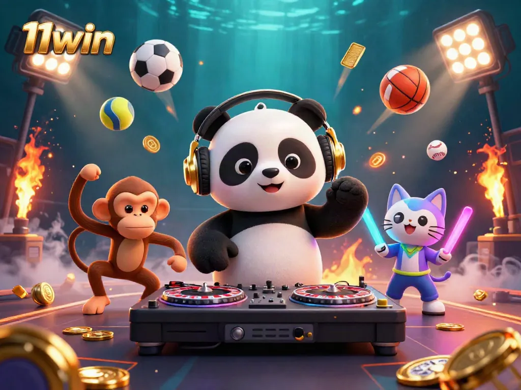Experience thrilling action with 11win as a DJ panda spins at a lively sports betting casino scene.