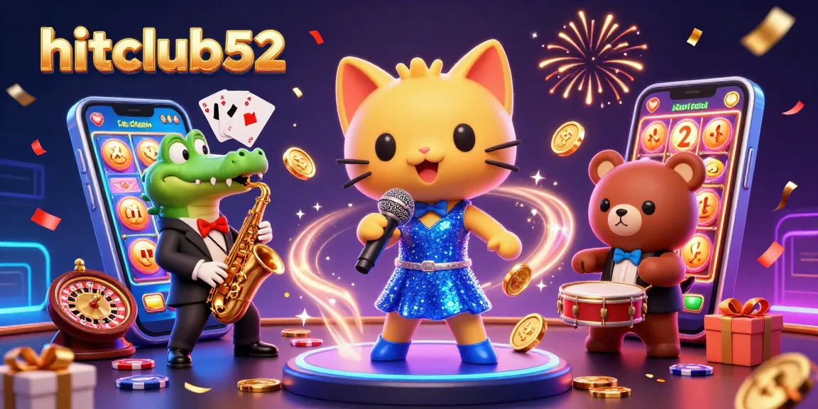 Experience the vibrant fun of hitclub52 with lively characters celebrating around casino games.