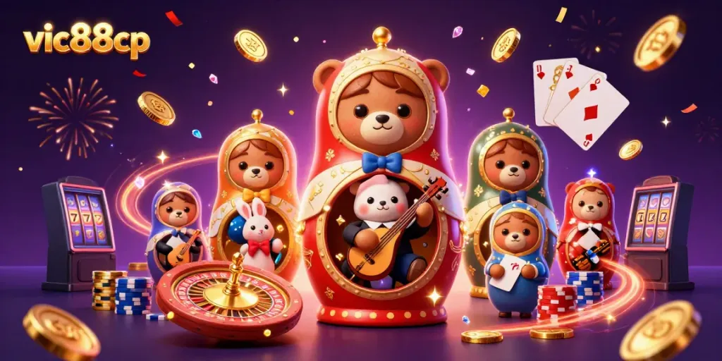 Engage with VIC88CP's thrilling casino experience through a vibrant, celebratory 3D illustration.