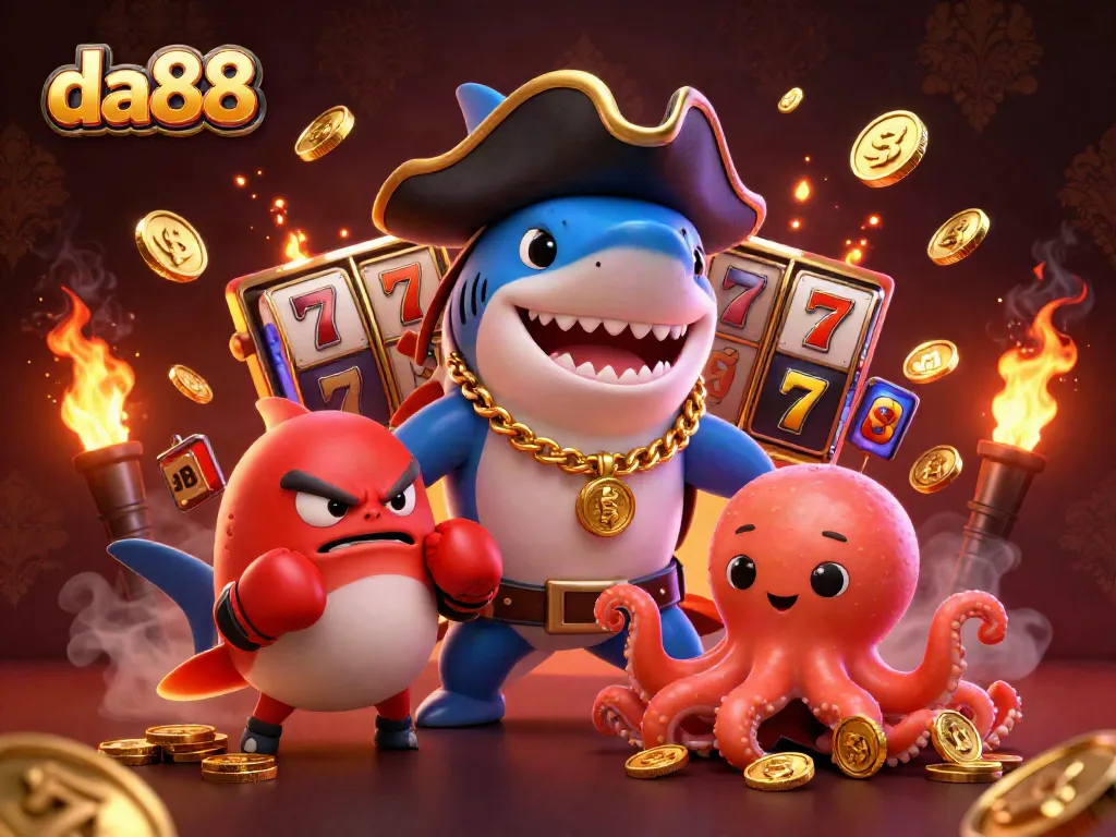 Join the excitement at da88 with vibrant slots and whimsical characters in a dynamic casino scene.