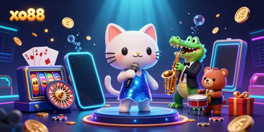 Win big at xo88 casino with a vibrant illustration of characters and exciting gaming elements.