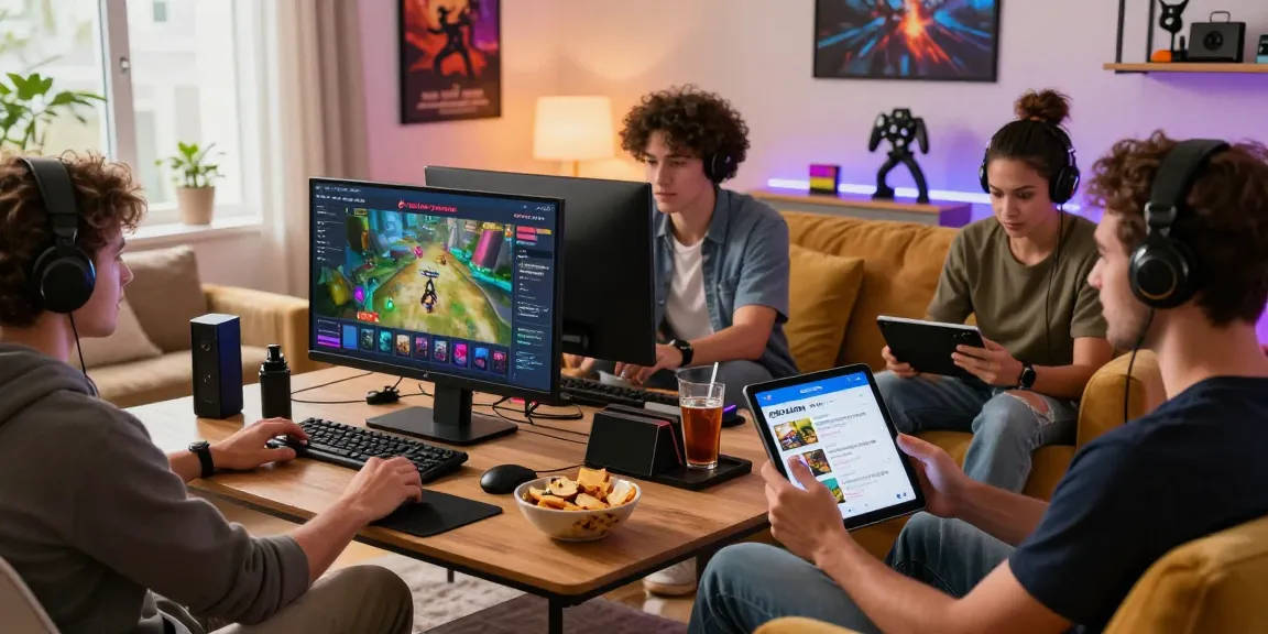 Engaged adult users enjoying rokok88 gaming portal on multiple devices in a vibrant living room setting, showcasing community and excitement.