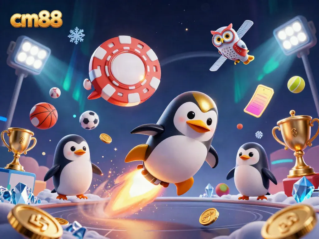 Experience a dynamic cm88 casino adventure with a golden penguin and vibrant sports elements.