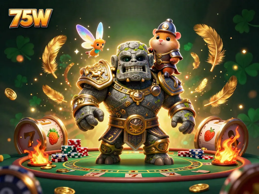 Experience immersive gaming with 75W characters in a vibrant casino scene featuring slot games and poker.