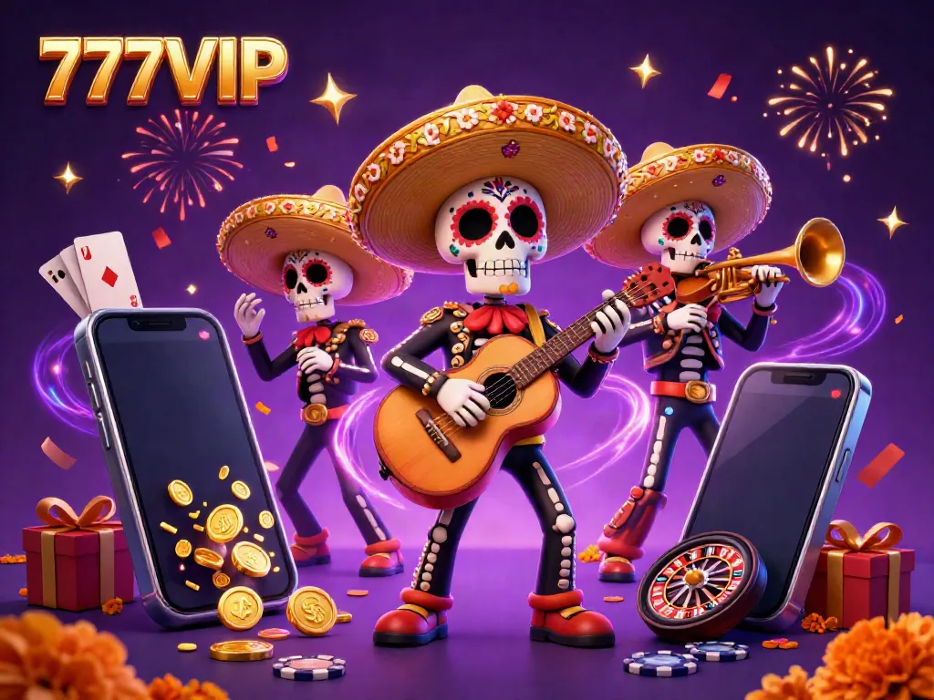 Celebrate wins with 777VIP as a lively mariachi band plays surrounded by casino games and festive elements.